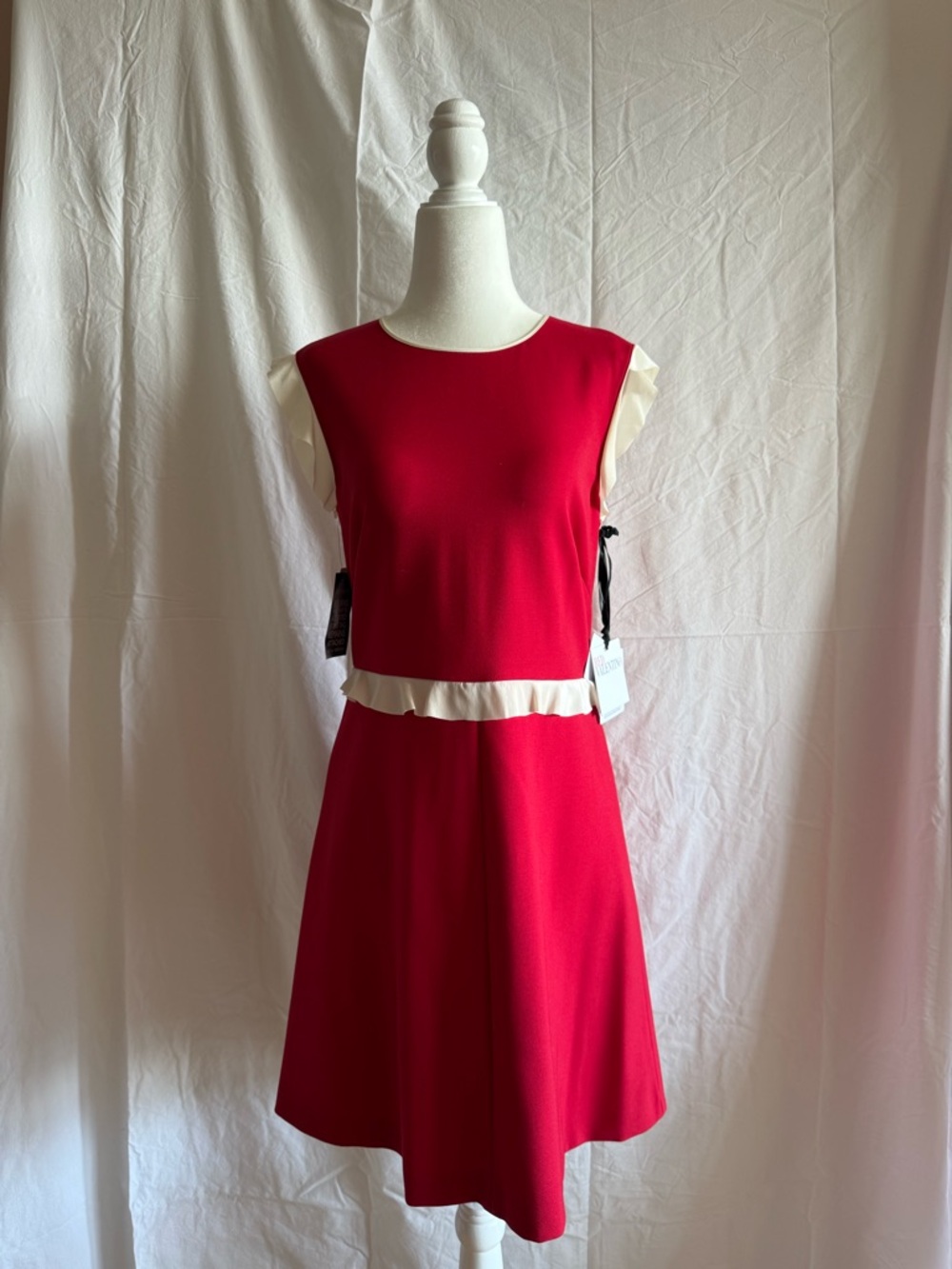 RED Valentino Authentic Red Sleeveless Mini Dress with Cream Ruffle Trim